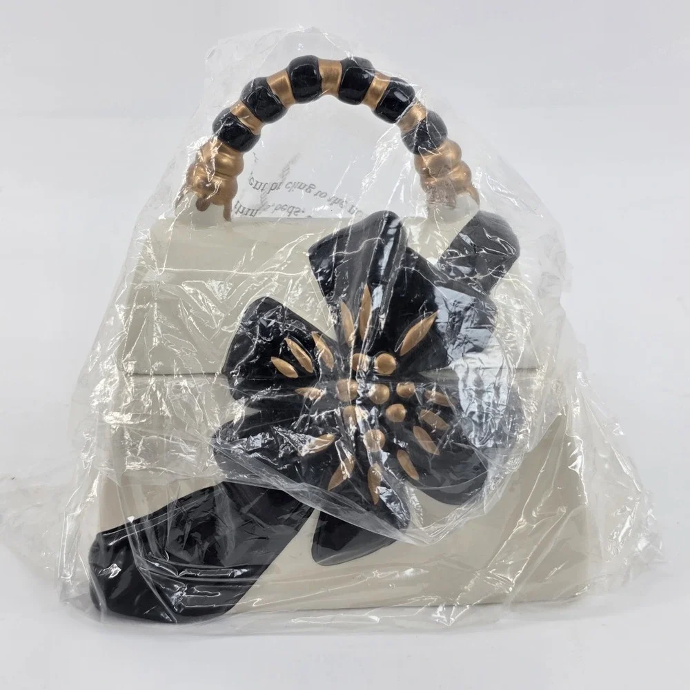 David's Cookies Black & Gold Ribbon Cream Purse Ceramic Cookie Jar 6 1/2